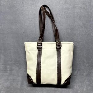 Coach Women's Handbag Beige Leather Pockets Zipper Double Handle Tote Bag F11201